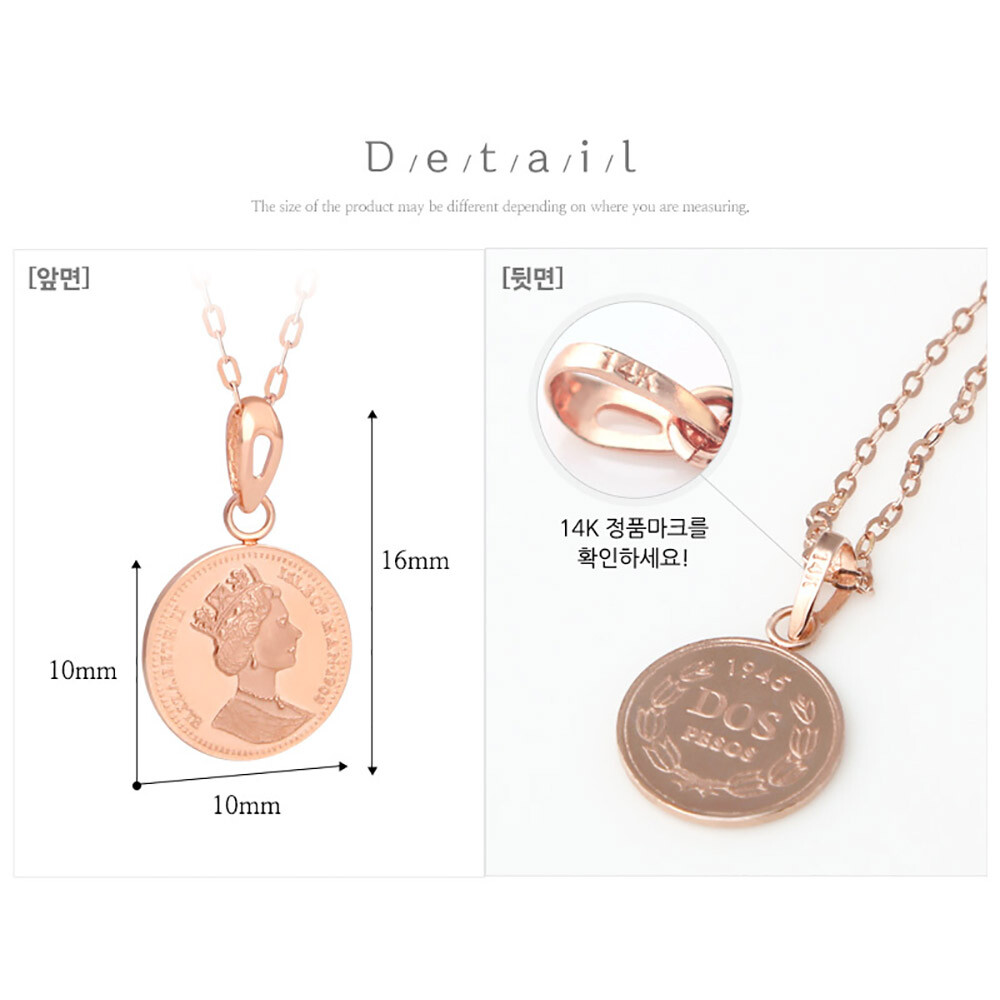 14K Genuine Yellow Rose Gold Elizabeth Coin Pendant Necklace 18″ Korean