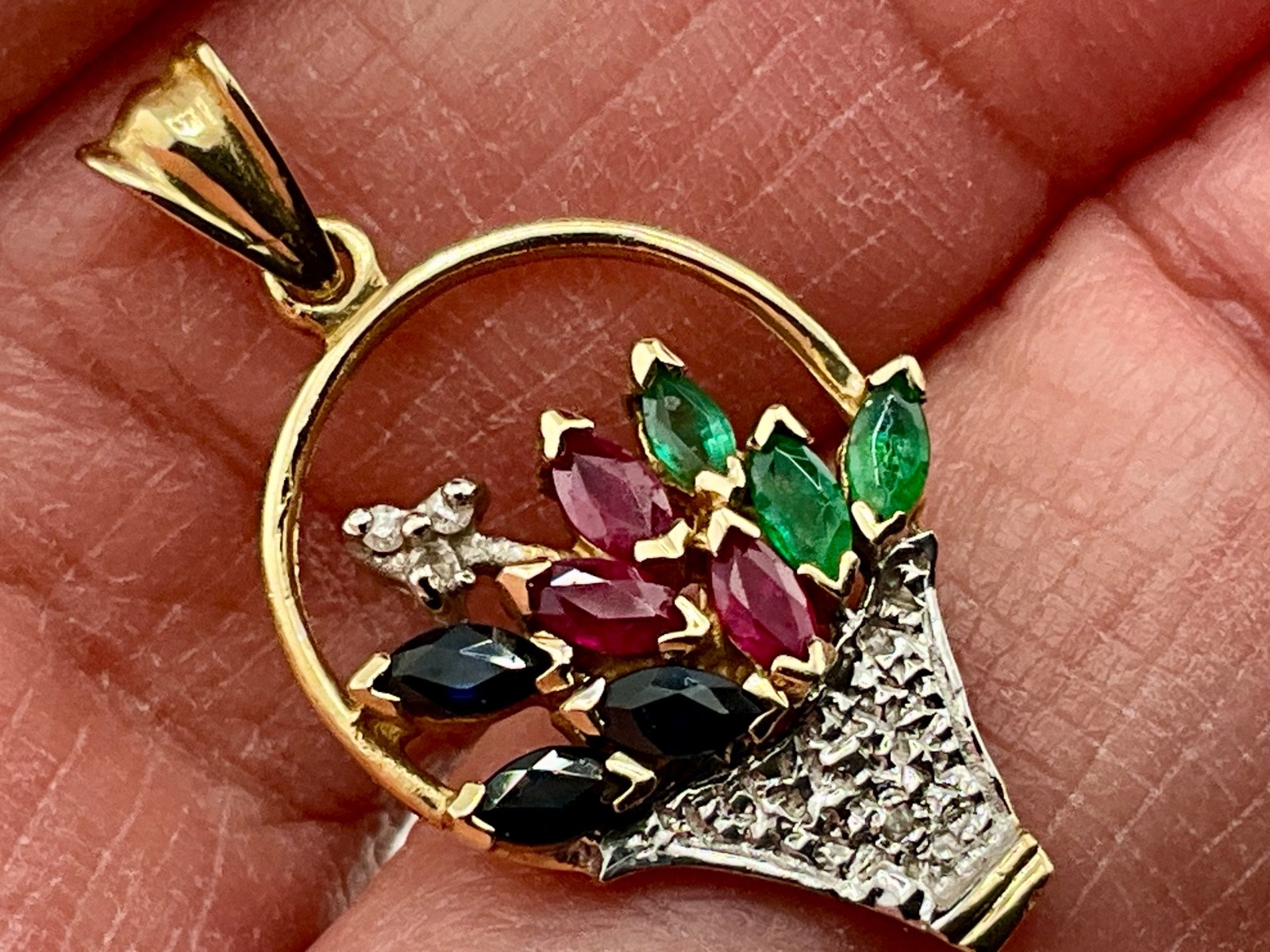 Vintage Minimalist 10k Gold Flower Basket Pendant Ruby Emerald Sapphire Diamond