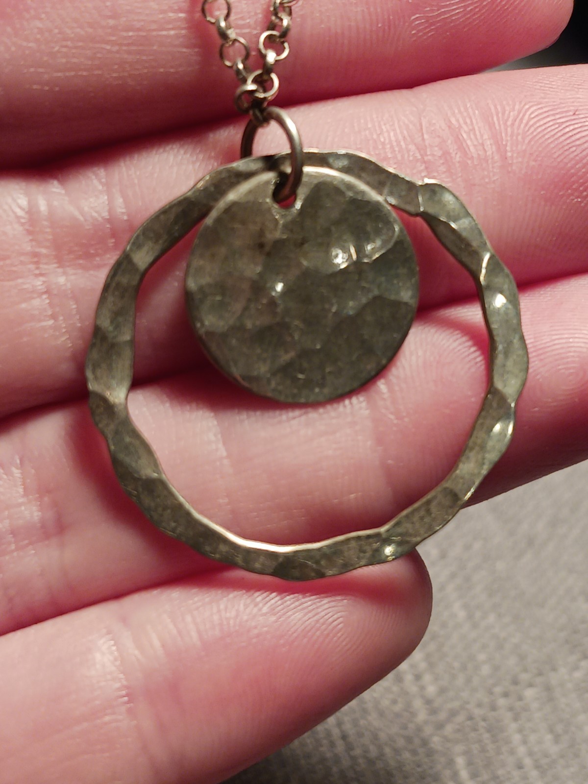 Sterling Silver Hammered Circle Charm Statement Necklace ~22in