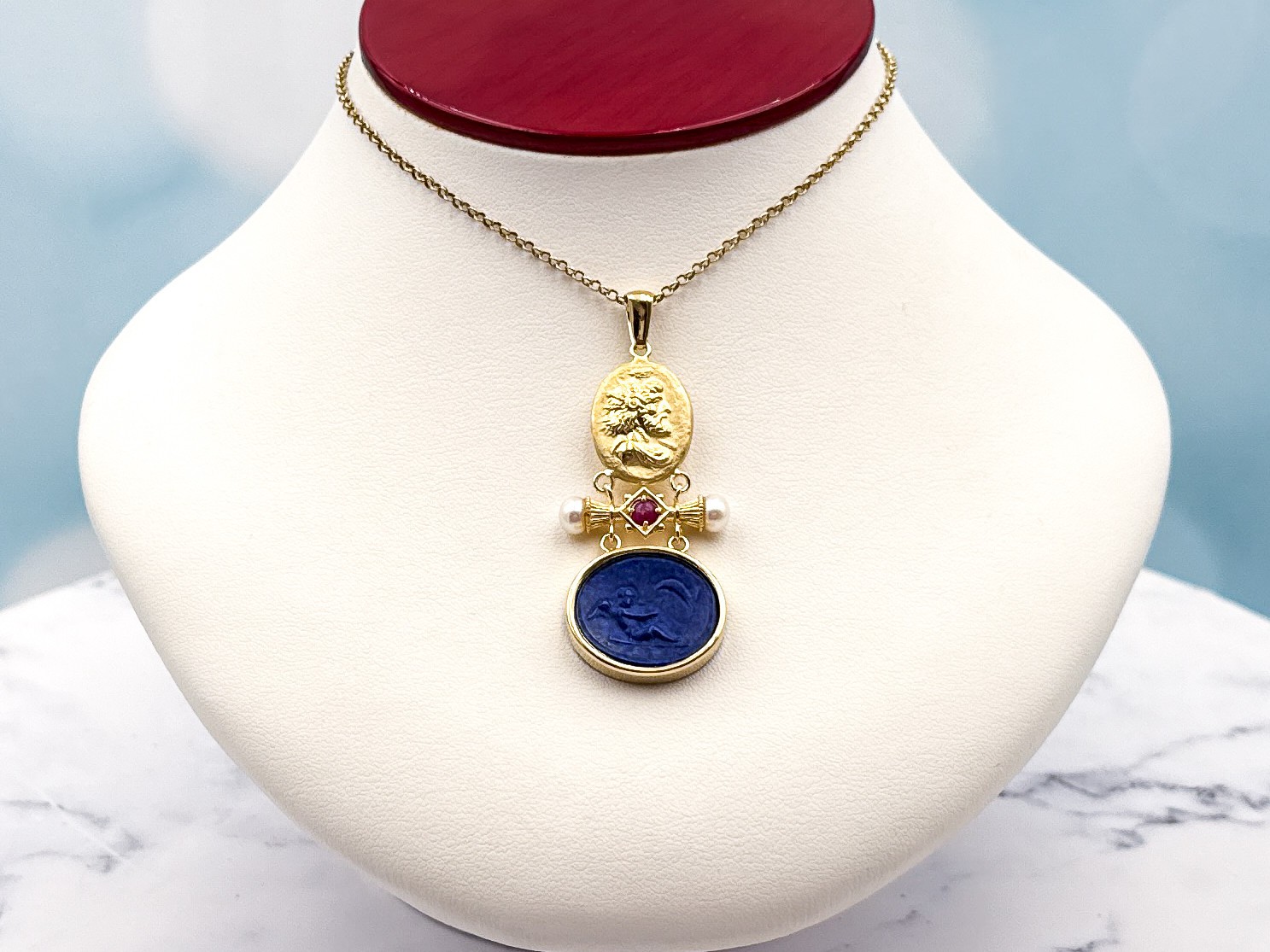 TAGLIAMONTE Designs (2385P-Lapis) 925SS/YGP Lapis Cameo Pendant *Cupid*Reg.$200