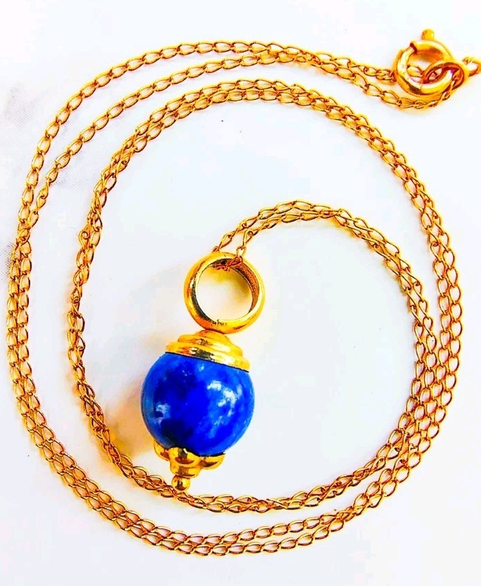 14K Yellow Gold Lapis Lazuli Pendant Necklace 18″ • 8.3mm Gem • 1.78g