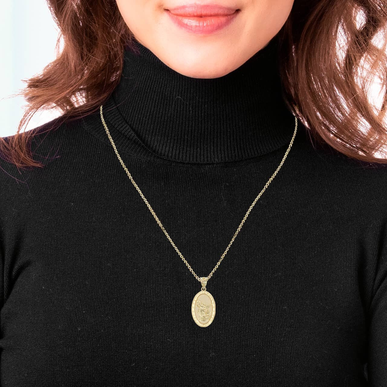 Gold Oval Saint Michael Pendant Necklace (Available in Yellow/Rose/White Gold)