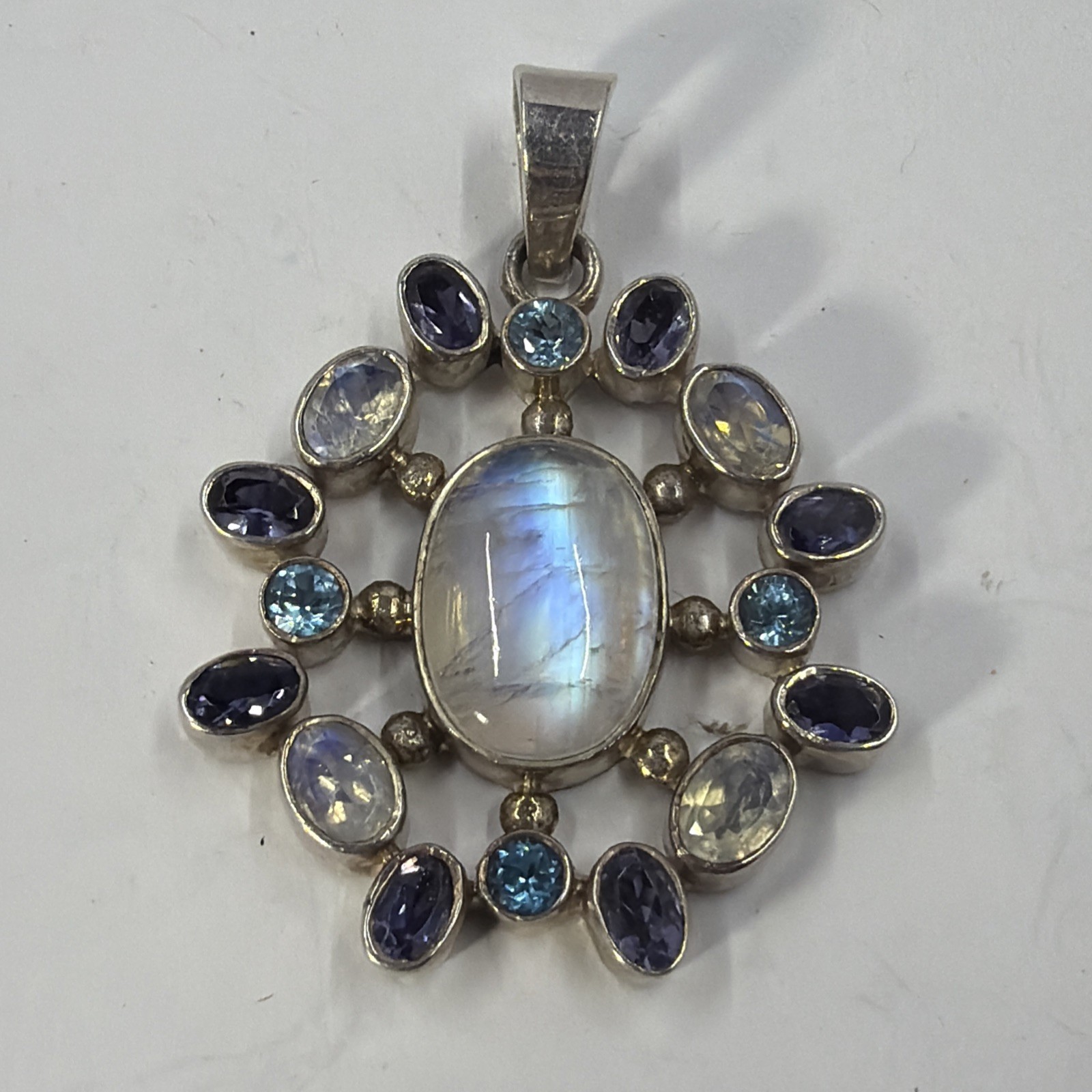 Sterling Silver SJ 925 Moonstone Amethyst Topaz Multi Gem Large Pendant Unique