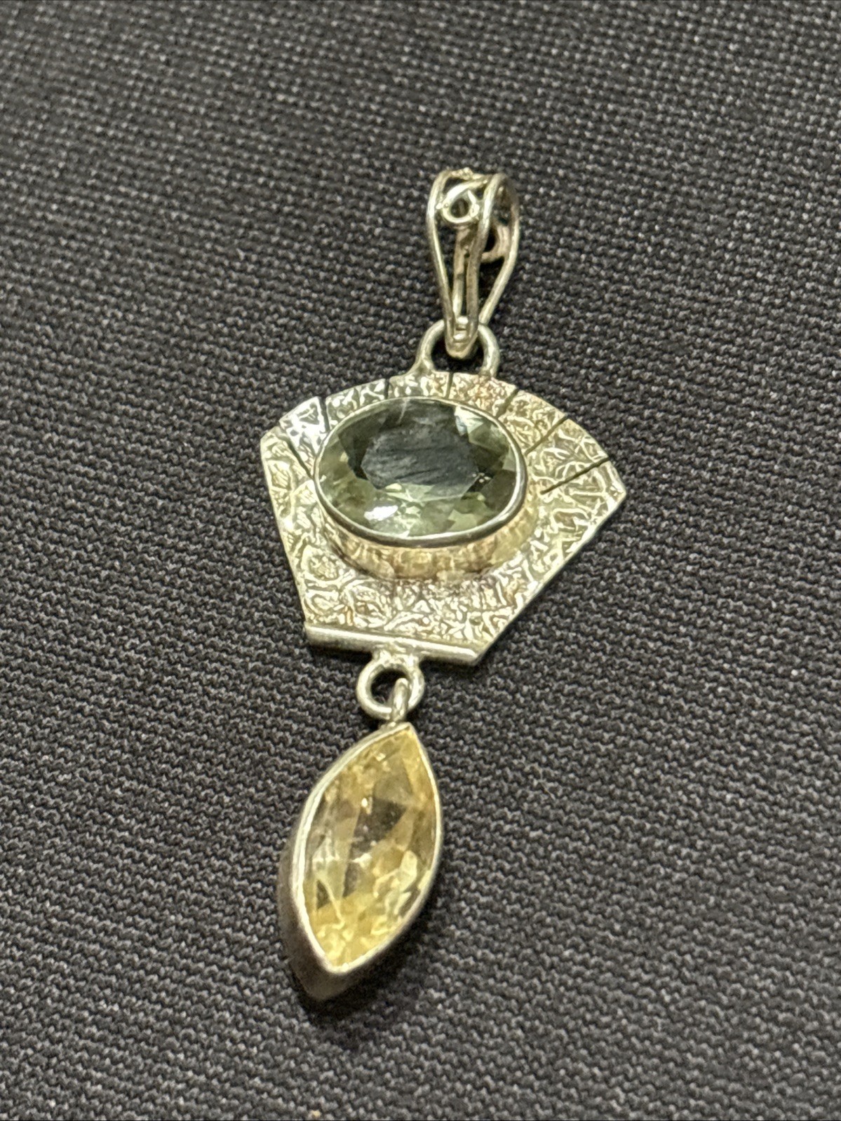 Vintage Green & Lemon Quartz 925 Sterling Silver Pendant 2” Long 4.4 Grams
