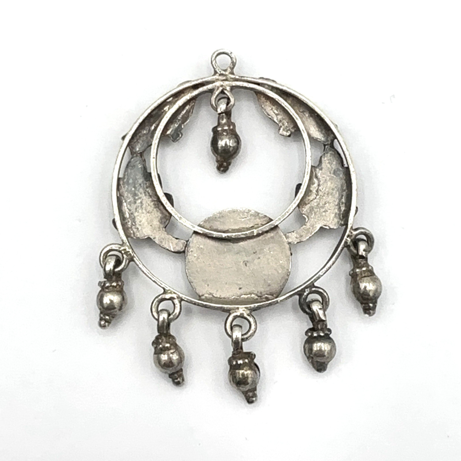 BIRD vintage pendant – sterling silver w/ leaves shield & dangles 2″ & 9 grams
