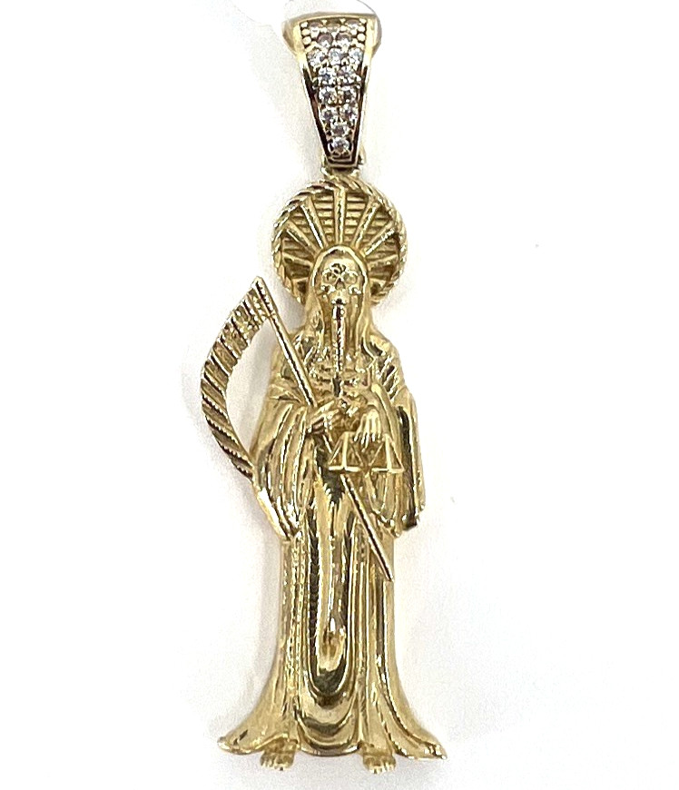 10K Yellow Gold Santa Muerte Pendant CZ Bail Grim Reaper Holy Death New OroAu
