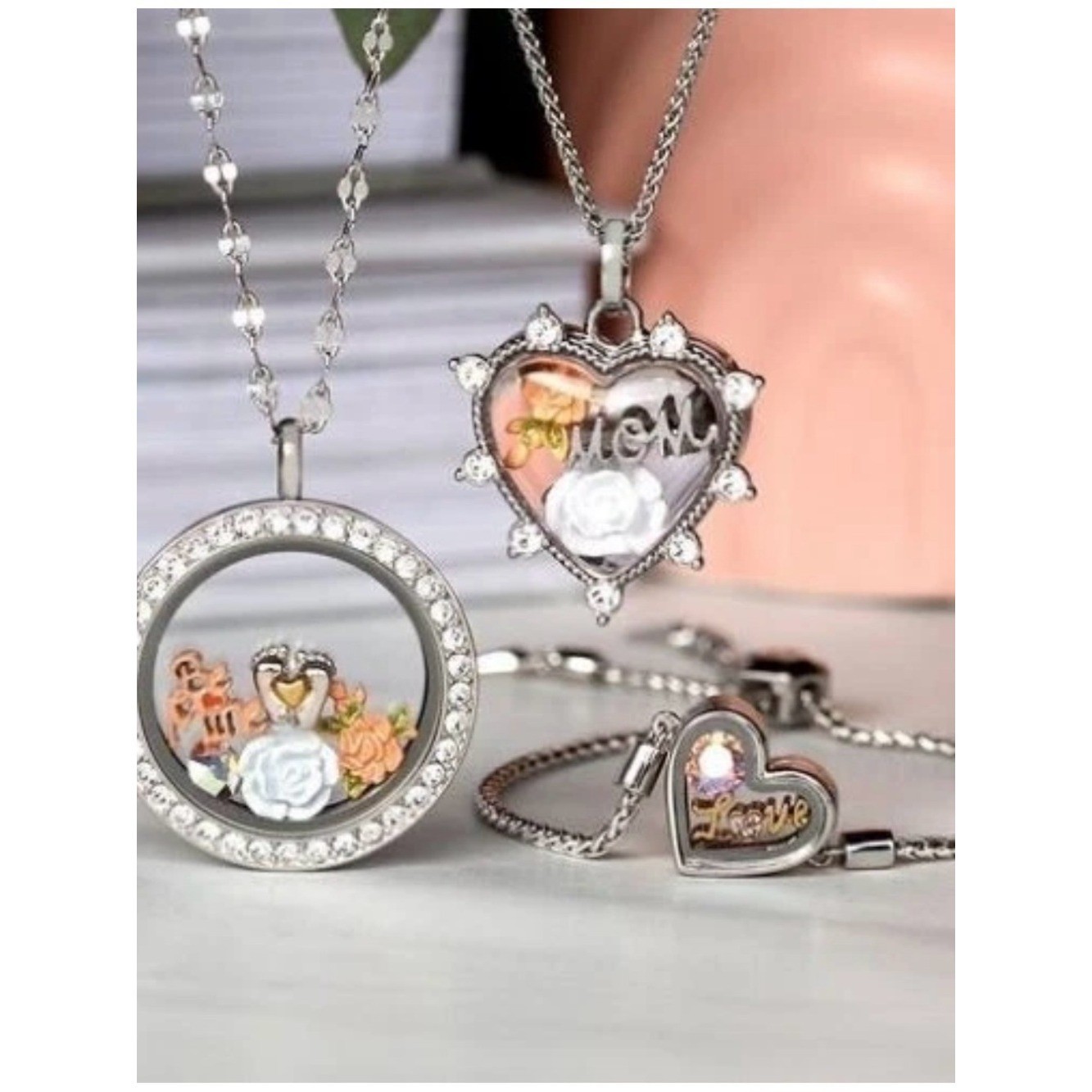 Origami Owl Silver Hinged Puffy Heart Locket with Swarovski Crystals