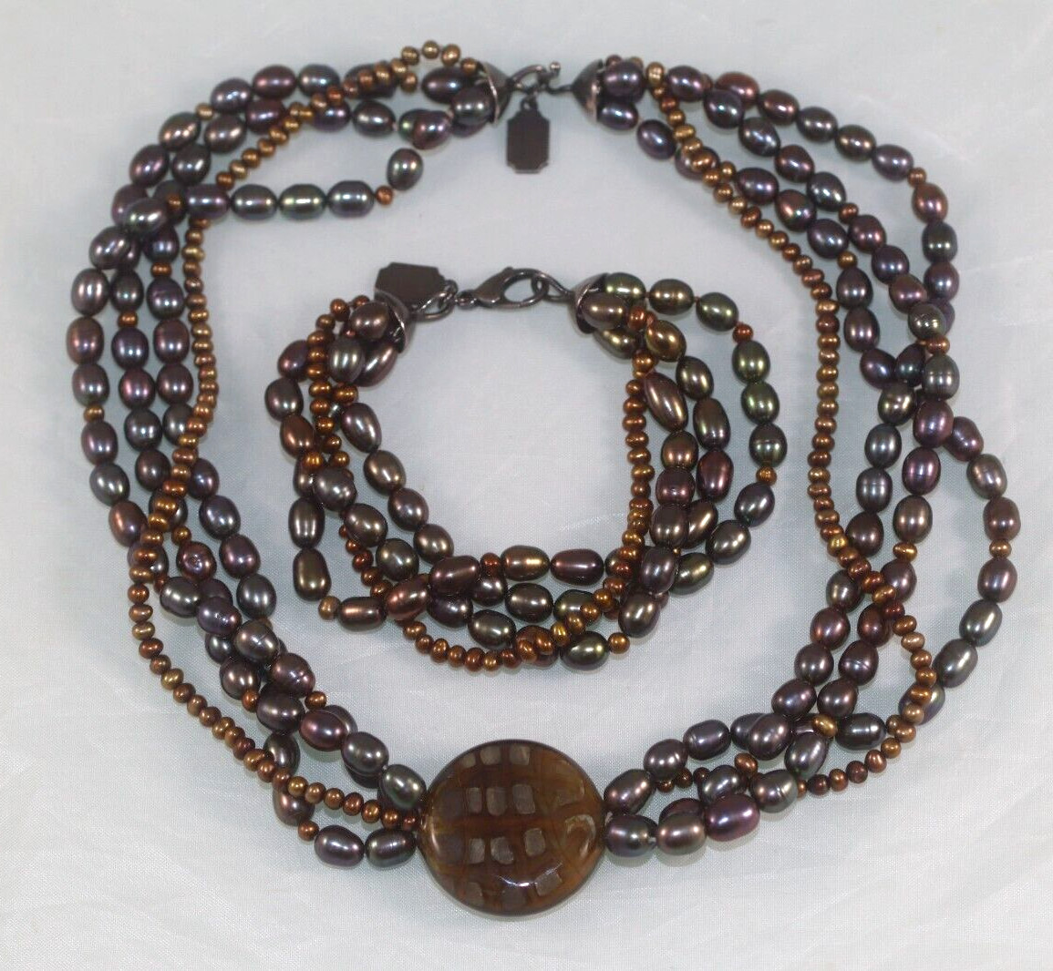 Fab! Mignon Faget Multi Strand Pearl Necklace and Bracelet set 925 dark grey