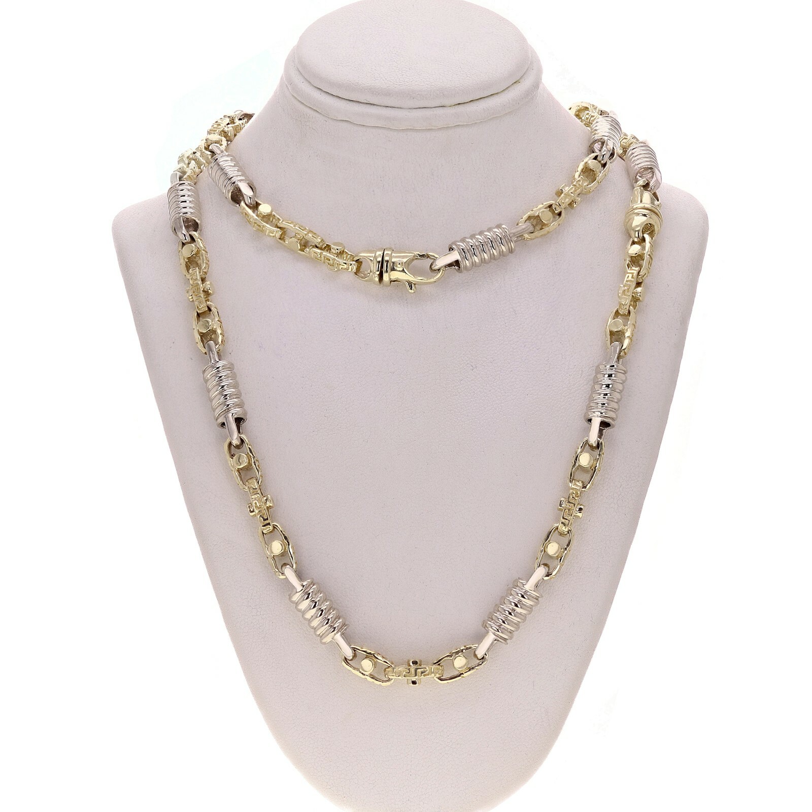 10k Yellow & White Gold Handmade Spring & Greek Link Necklace 22″ 7mm 71.5 grams