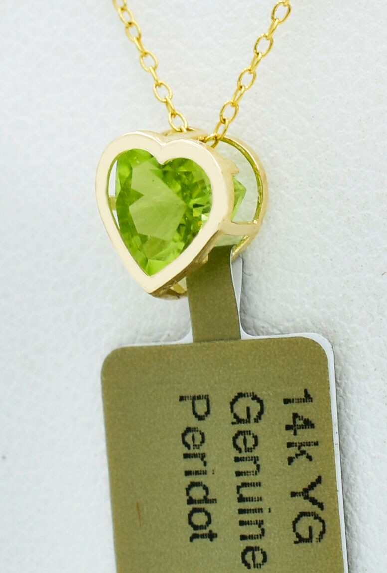 GENUINE 0.78 Cts PERIDOT HEART PENDANT 14K YELLOW GOLD – Free CHAIN – NWT