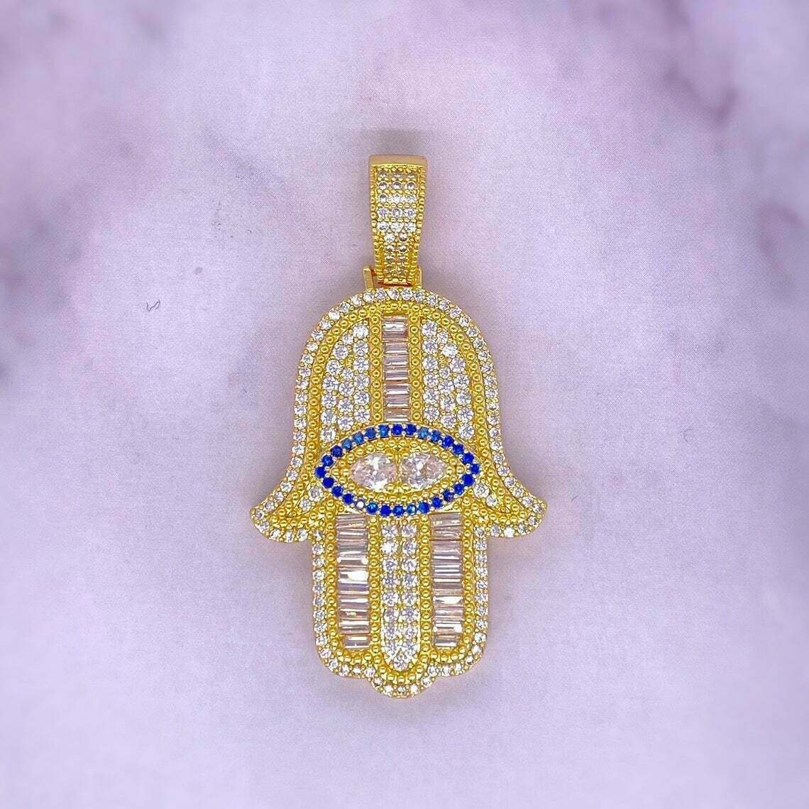 Men’s 14k Yellow Gold Finish D/VVS1 Diamond Hamsa Hand Pendant Charm 2.70 Carat