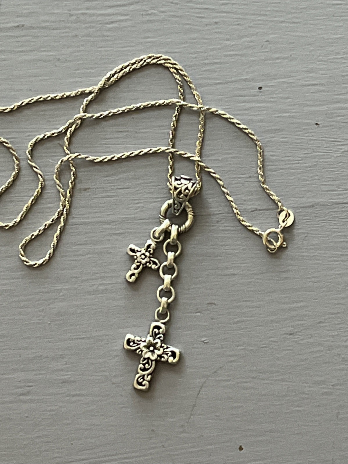 Sterling Silver Floral Double Cross On 20” 925 Twisted Chain
