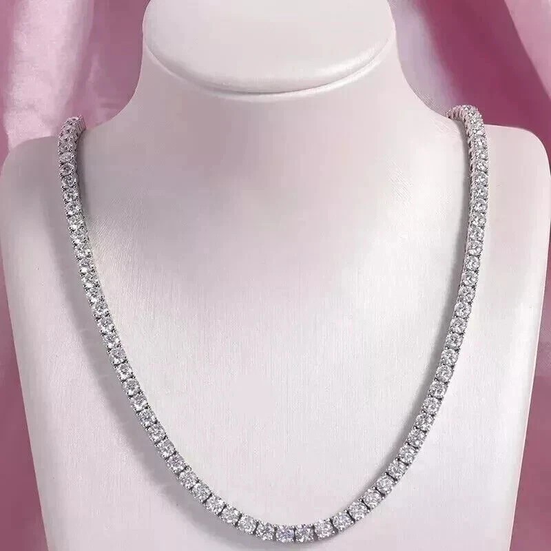 21CT Round Cut Real Moissanite White Gold Plated Diamond Women’s Tennis Necklace