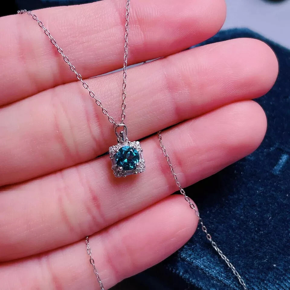 2Ct Round Cut Blue Topaz Halo Pendant Free Chain 14K White Gold Finish