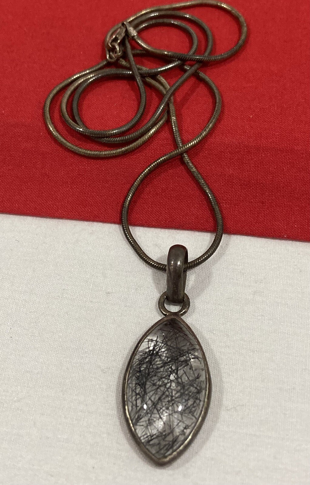 Vintage Signed Sterling Silver 925 Rutilated Quartz Pendant & 24″ AGI Necklace