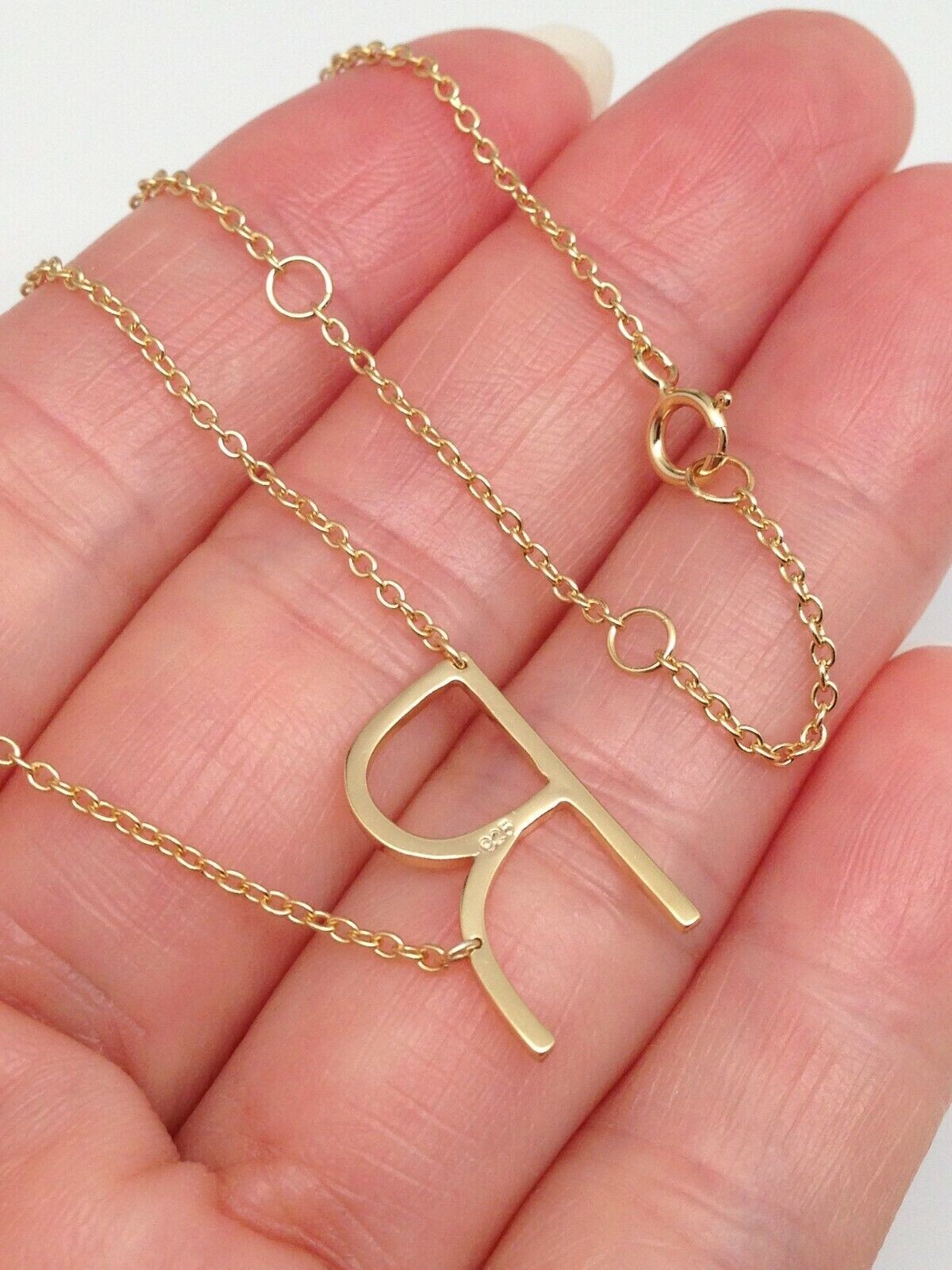 925 Sterling Silver Sideways Initial Letter R Pendant Necklace Gold Women 16mm