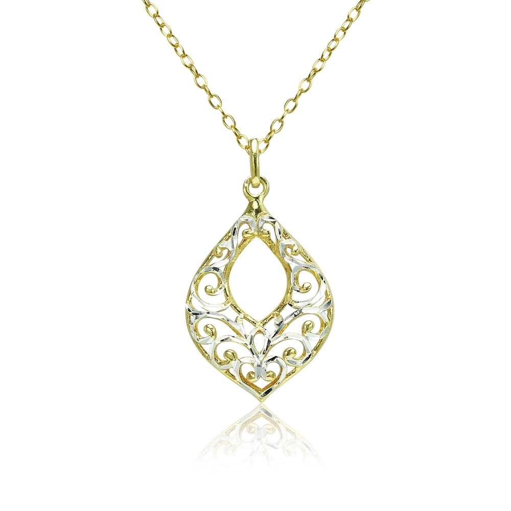 Gold Tone over Silver Two-Tone Polished Diamond-cut Filigree Teardrop Necklace
