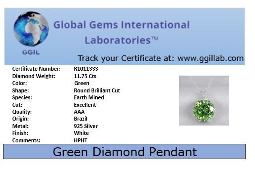 RARE 11.75 Ct Green Diamond Solitaire Pendant, Amazing Shine, FREE Studs