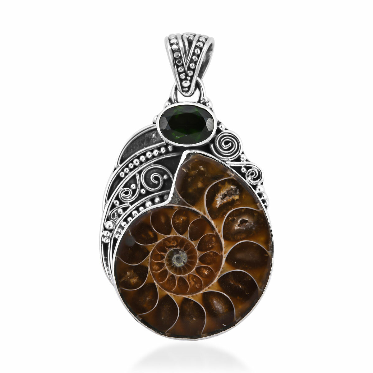 ARTISAN CRAFTED AMMONITE, RUSSIAN DIOPSIDE PENDANT IN STERLING SILVER 1.22 CTW