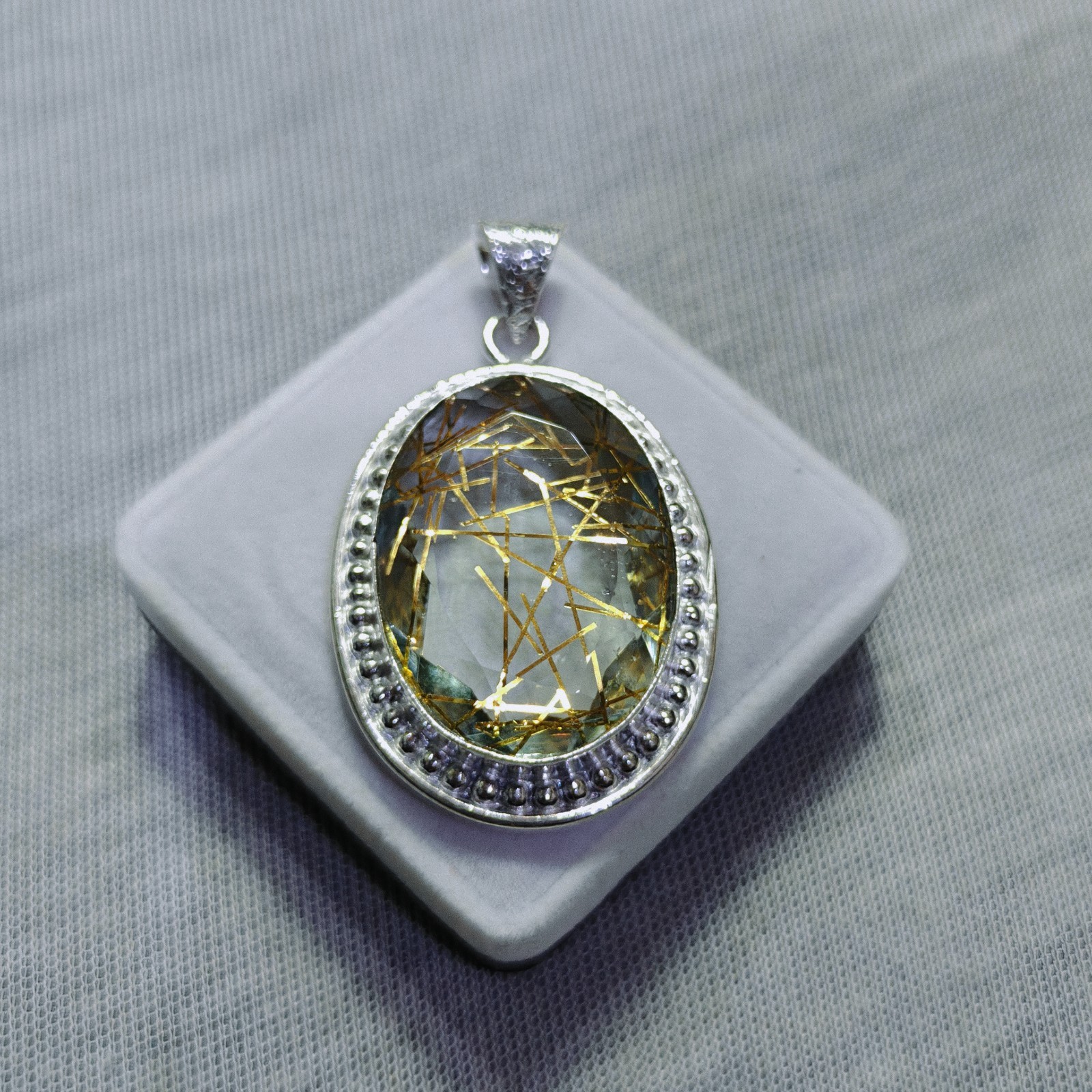 Golden Rutile Quartz Oval Gemstone Pendant Rutile Sterling Silver Pendant Gift