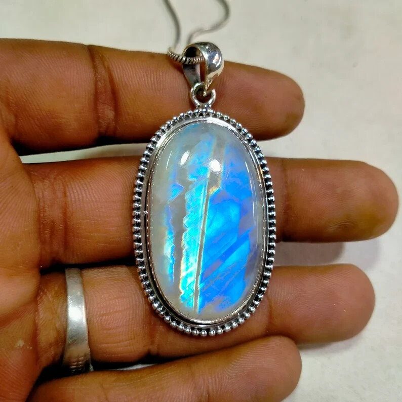 Fine Rainbow Moonstone Gemstone 925 Sterling Silver Handmade Pendant A-76