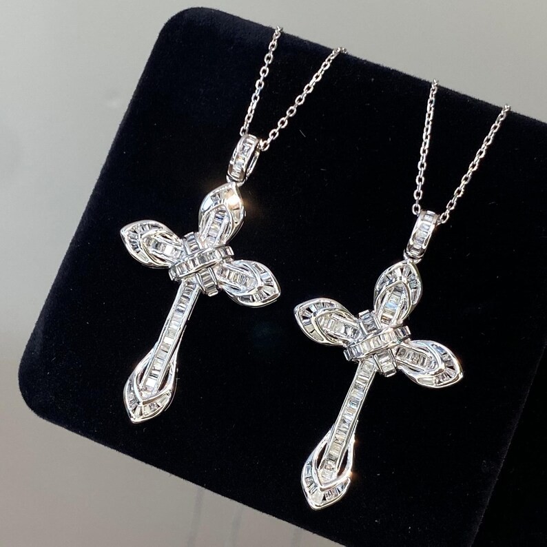 3.00 Ctw Baguette Cut Moissanite Cross Pendant Necklace 14K White Gold Plated