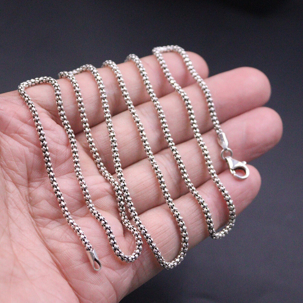 Sterling Silver Chain 925 Men Necklace Vintage Jewelry Popcorn Chain 28inchL