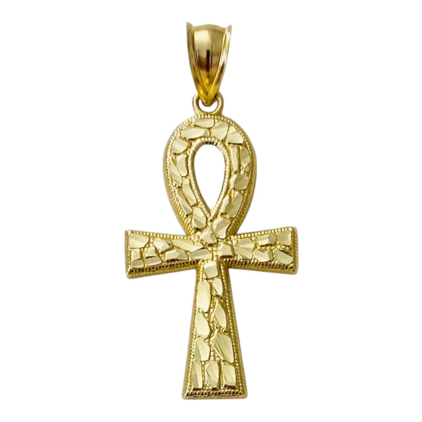 Solid 10K Yellow Gold 2.1″ Ankh Cross Pendant Nugget Egyptian Charm – G87-3