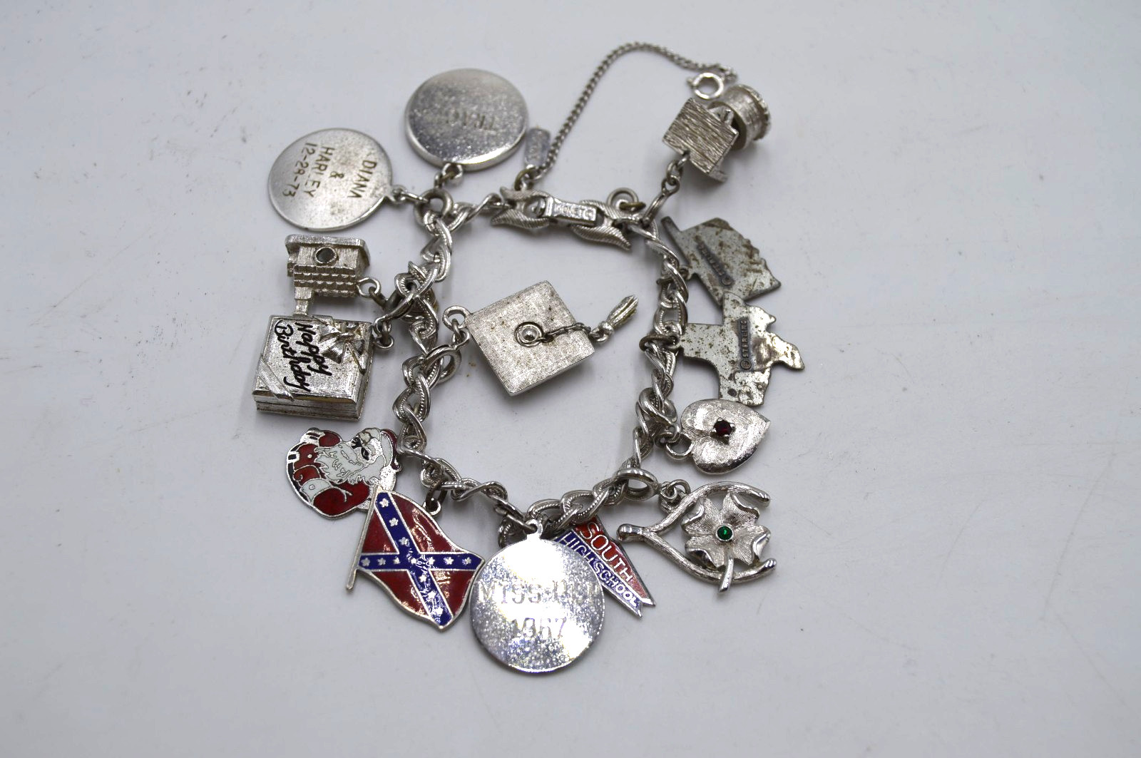 Monet Charm Bracelet W/ 6 Sterling Silver Charms,States,Flag,Santa,7.5″,R14