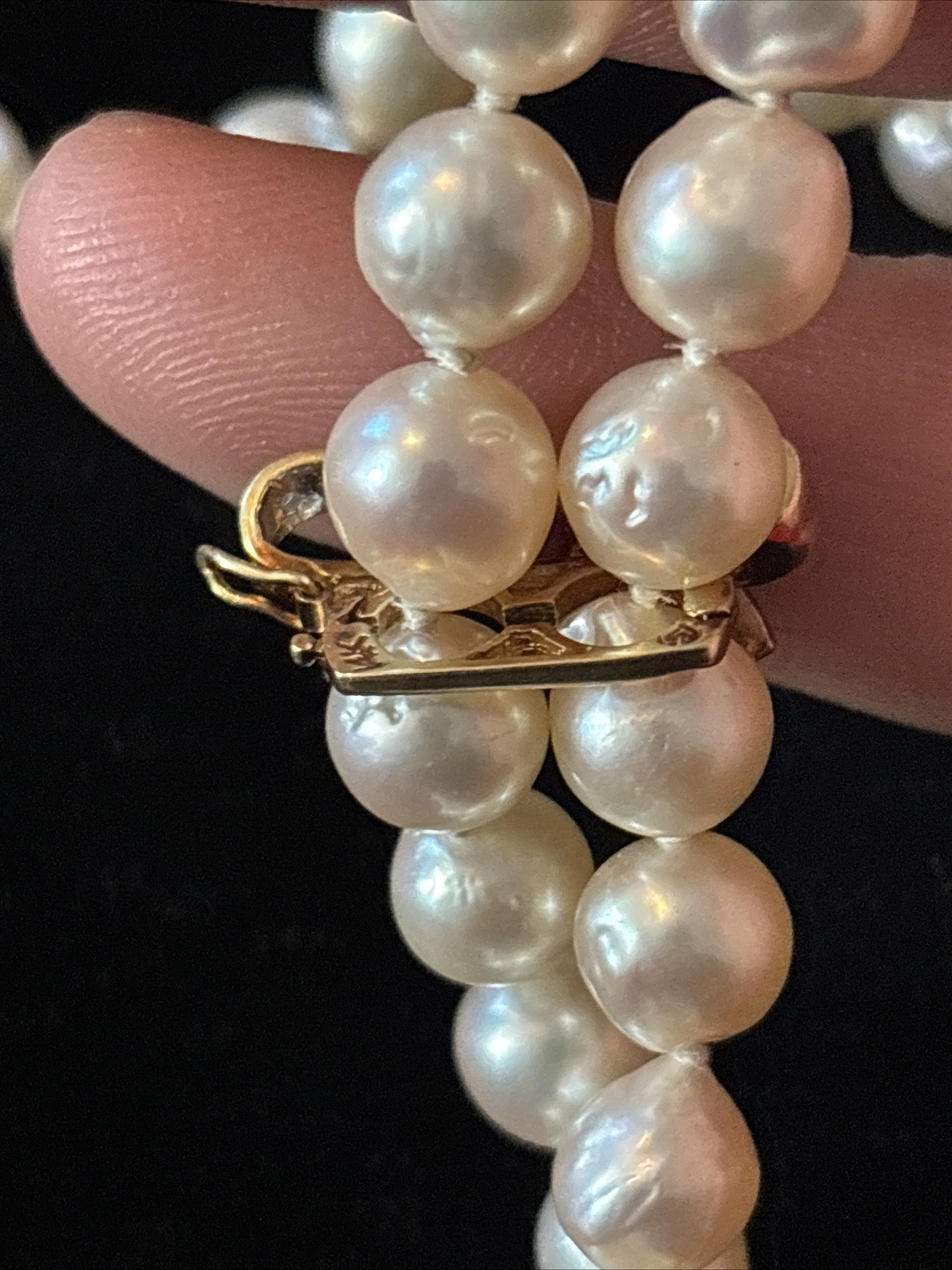 VTG 31” Pearl Necklace 14K Gold Diamond Clasp & Gold Ruby Diamond Bow Enhancer
