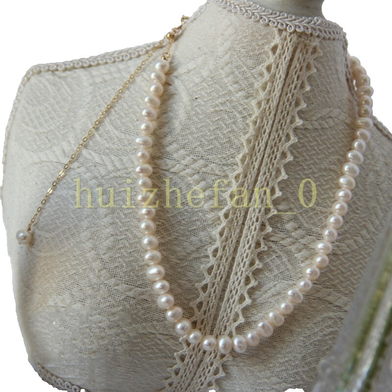 18″ Round Mini AAA 6-7mm Real Natural Akoya White Pearl Necklace 14K Gold P