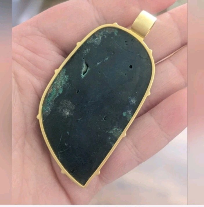 10k Yellow Gold Diamond Bail Blue Azurite Gemstone Large Pendant OOAK Women’s