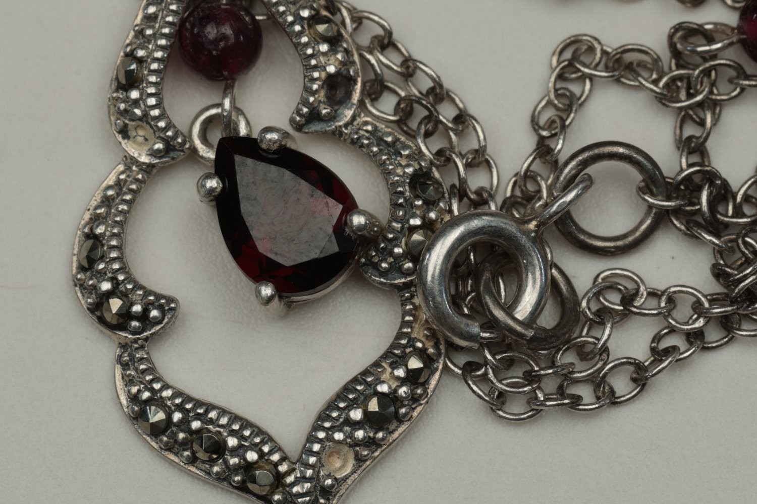 Vintage 925 Sterling Silver Marcasite Garnet Beaded Y-Drop Pendant Necklace 25g