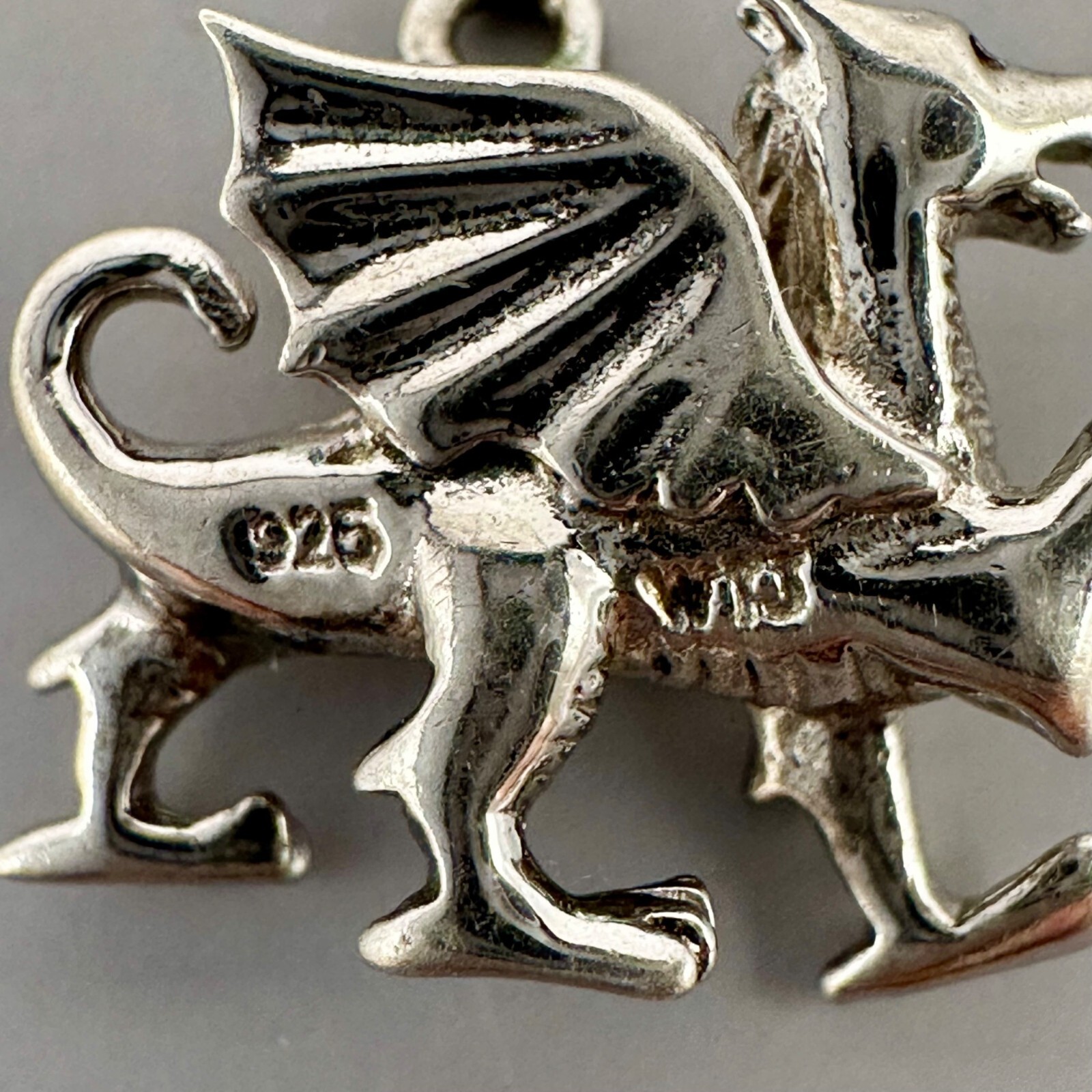 Welsh Dragon Pendant Signed WTJ Sterling Silver 925 Detailed Wings Tail 3D Charm