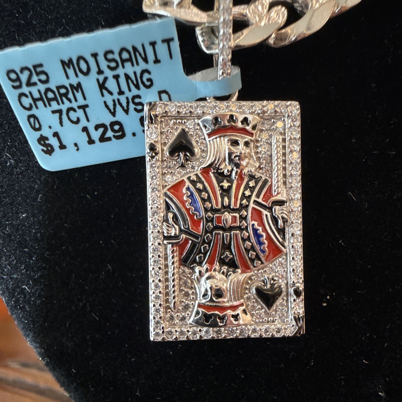 8.7mm Solid 925 (45g) Cuban Link Chain w Moissanite King Card Pendant