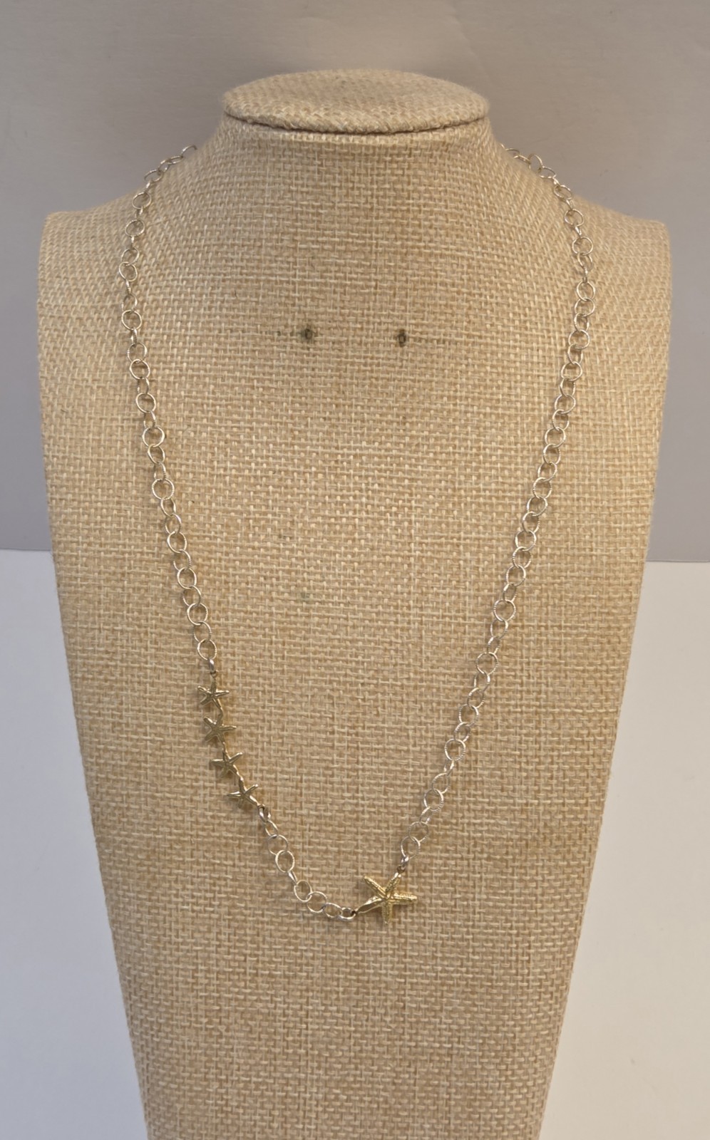 Sterling Silver Star Fish Stationary Necklace Two Tone 18″ Beach Jewelry