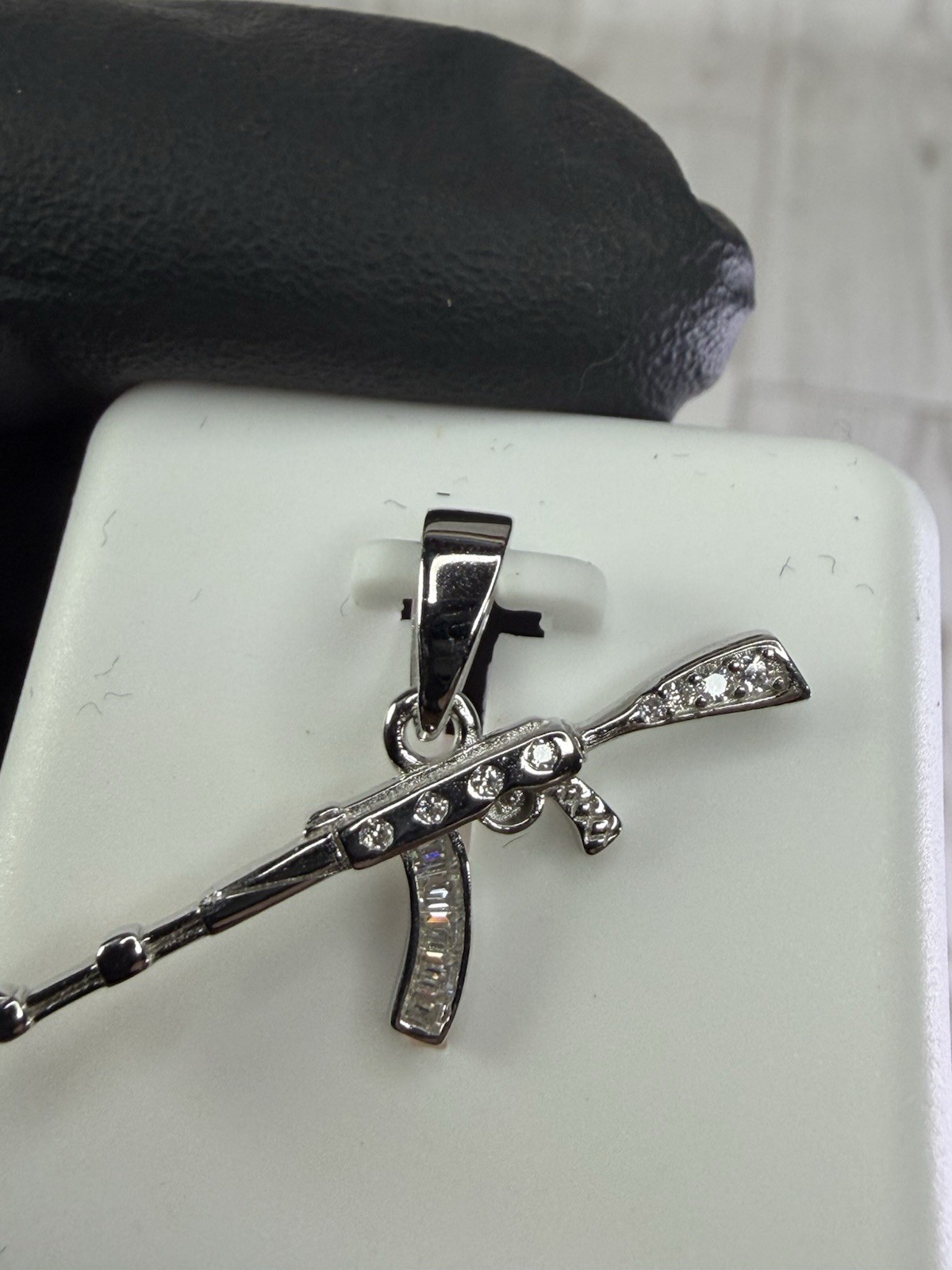 925 Sterling Silver White/Colorless Moissanite AK-47 Rifle Charm Pendant 0.50CTW