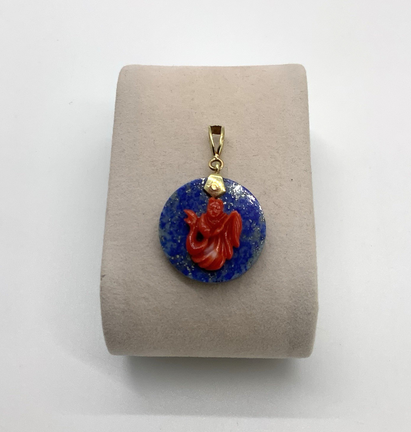 10k Gold Lapis Lazuli Pendant, Red Carved Coral Figure with Fishtail 2″