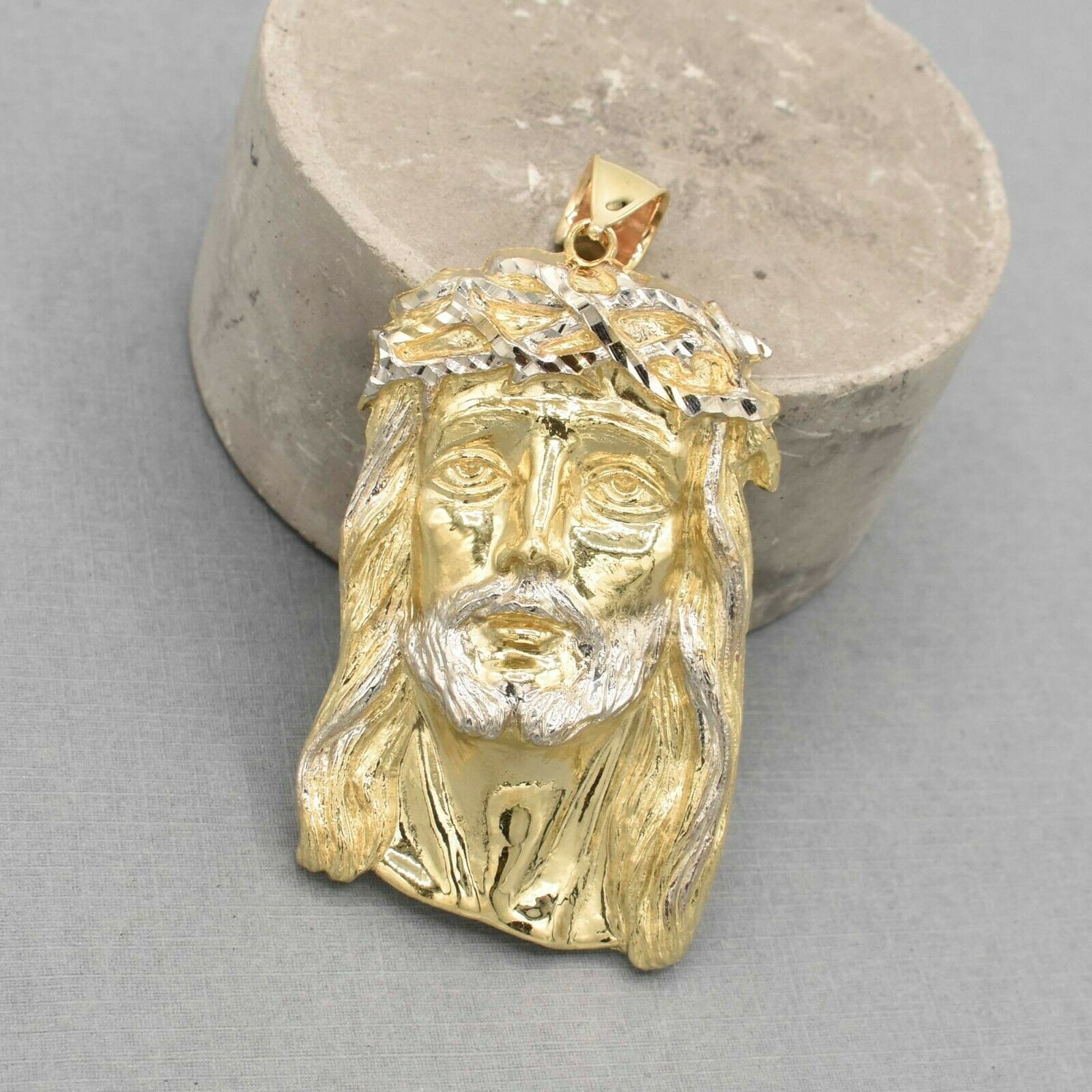 3″ Two-Tone Diamond Cut Jesus Pendant Real Solid 10K Yellow White Gold