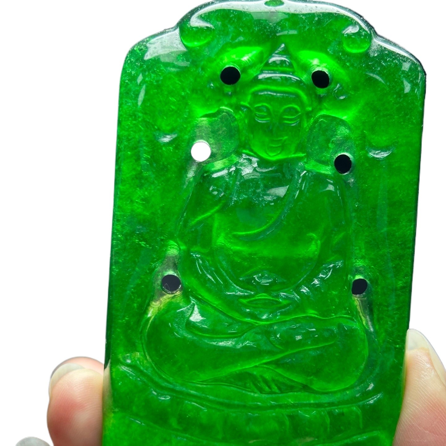 Natural Ice Green Burmese Jadeite Hand Carved Buddha Lucky Pendant Necklace