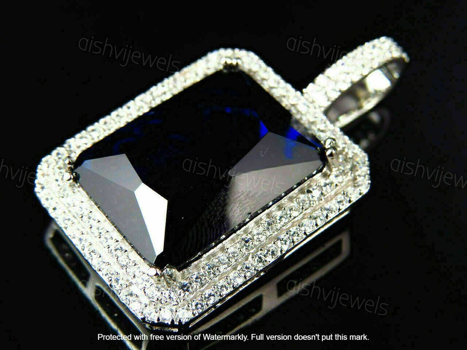 3Ct Emerald Cut Blue Sapphire Halo Pendant 14K White Gold Finish 16” Free Chai