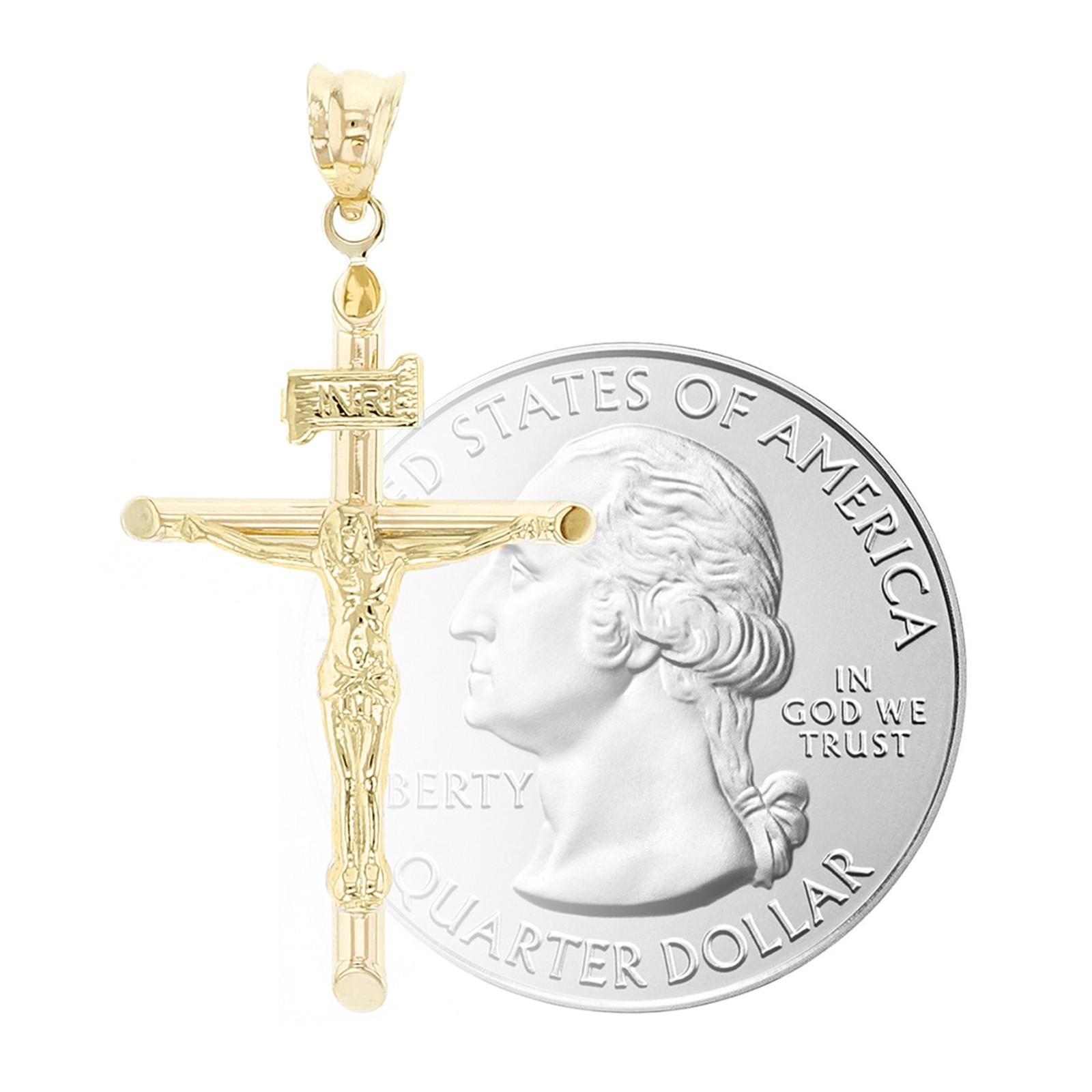 Italian 14k Yellow Gold Hollow INRI Crucifix Cross Charm Pendant 1.4″ 1 grams