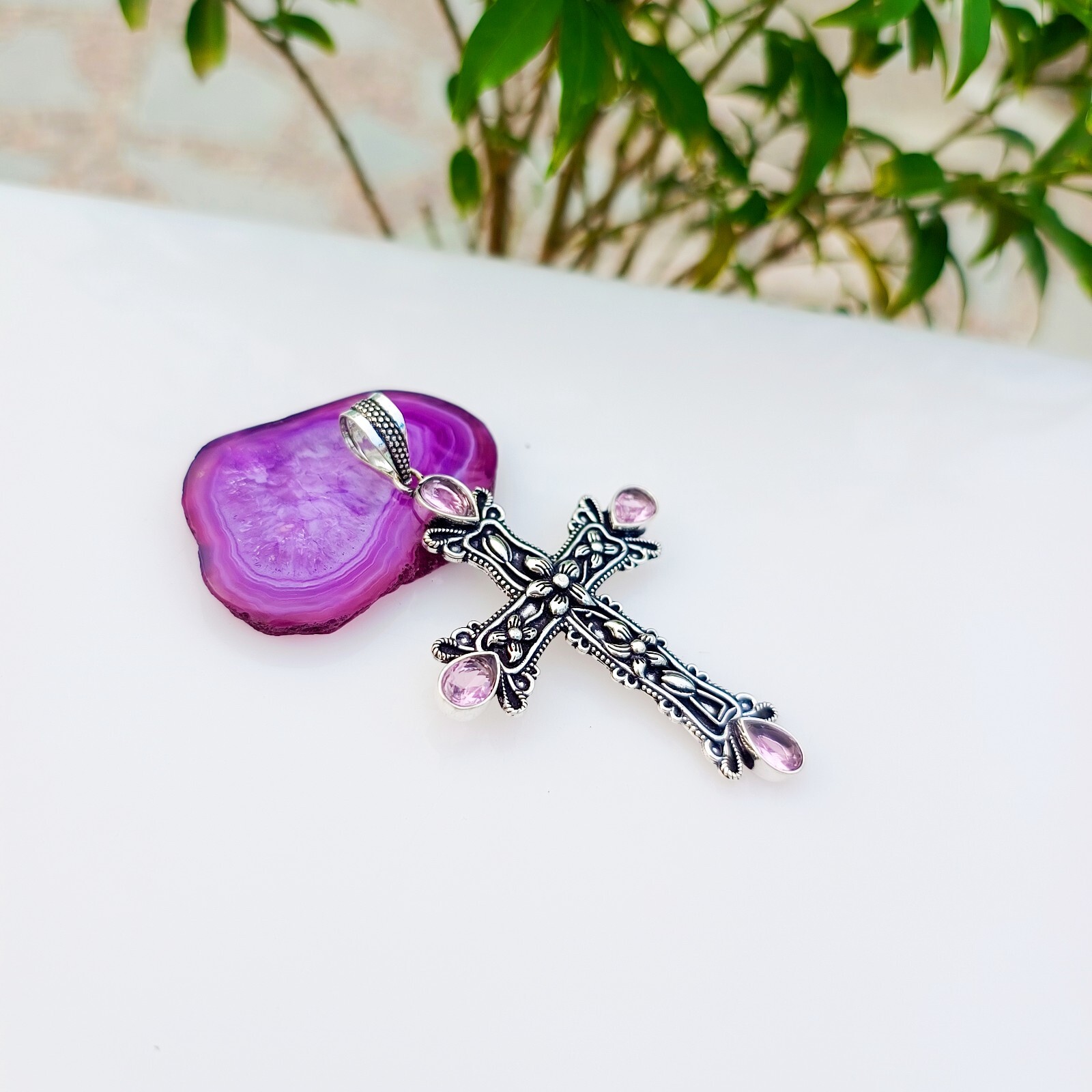Pink Topaz Cross Pendant 925 Sterling Silver Handmade Gemstone Jewelry 2.83″