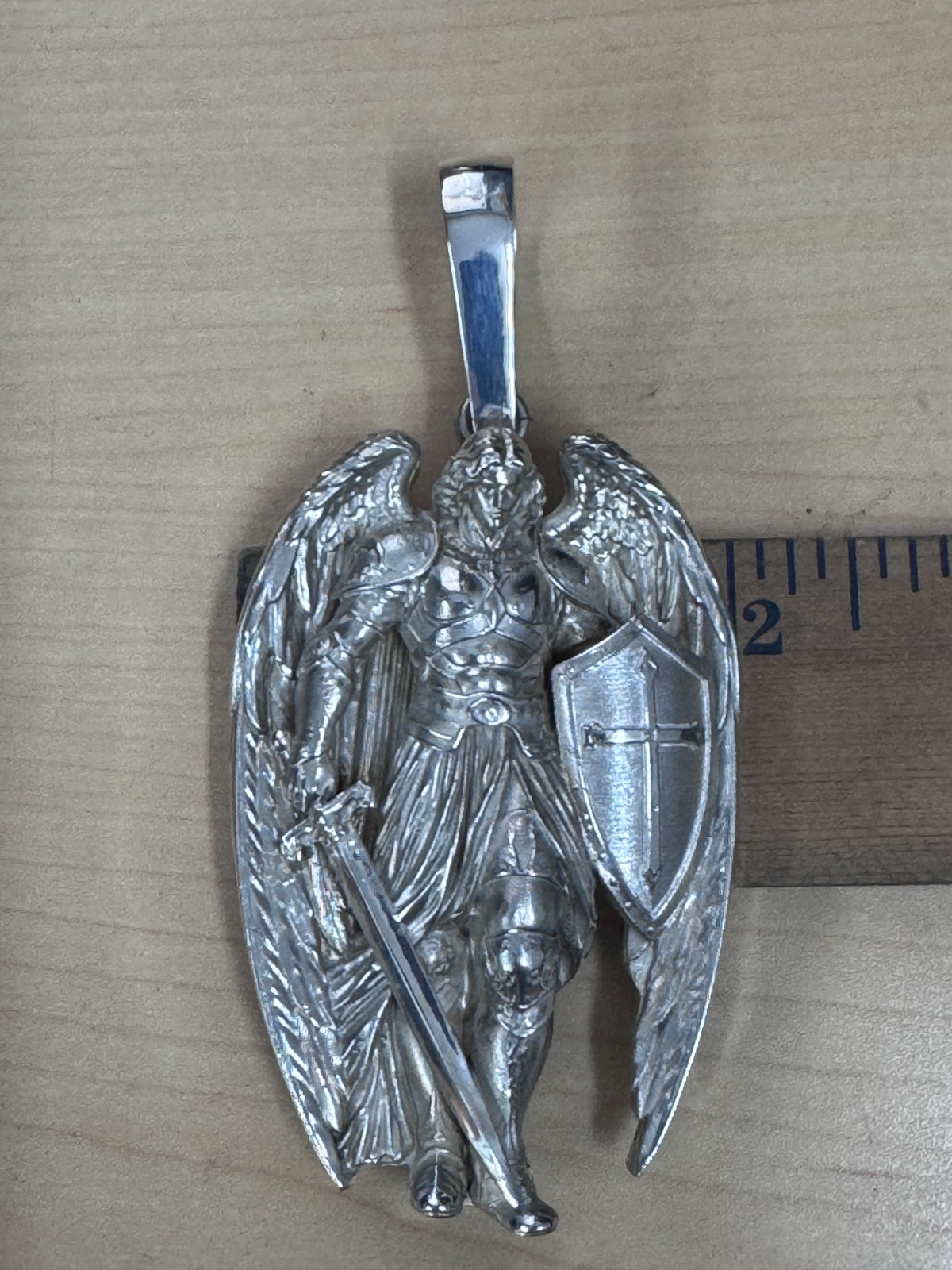 Saint Michael Warrior Angel 4″ Large Heavy Charm Pendant 108.5gm Silver .925
