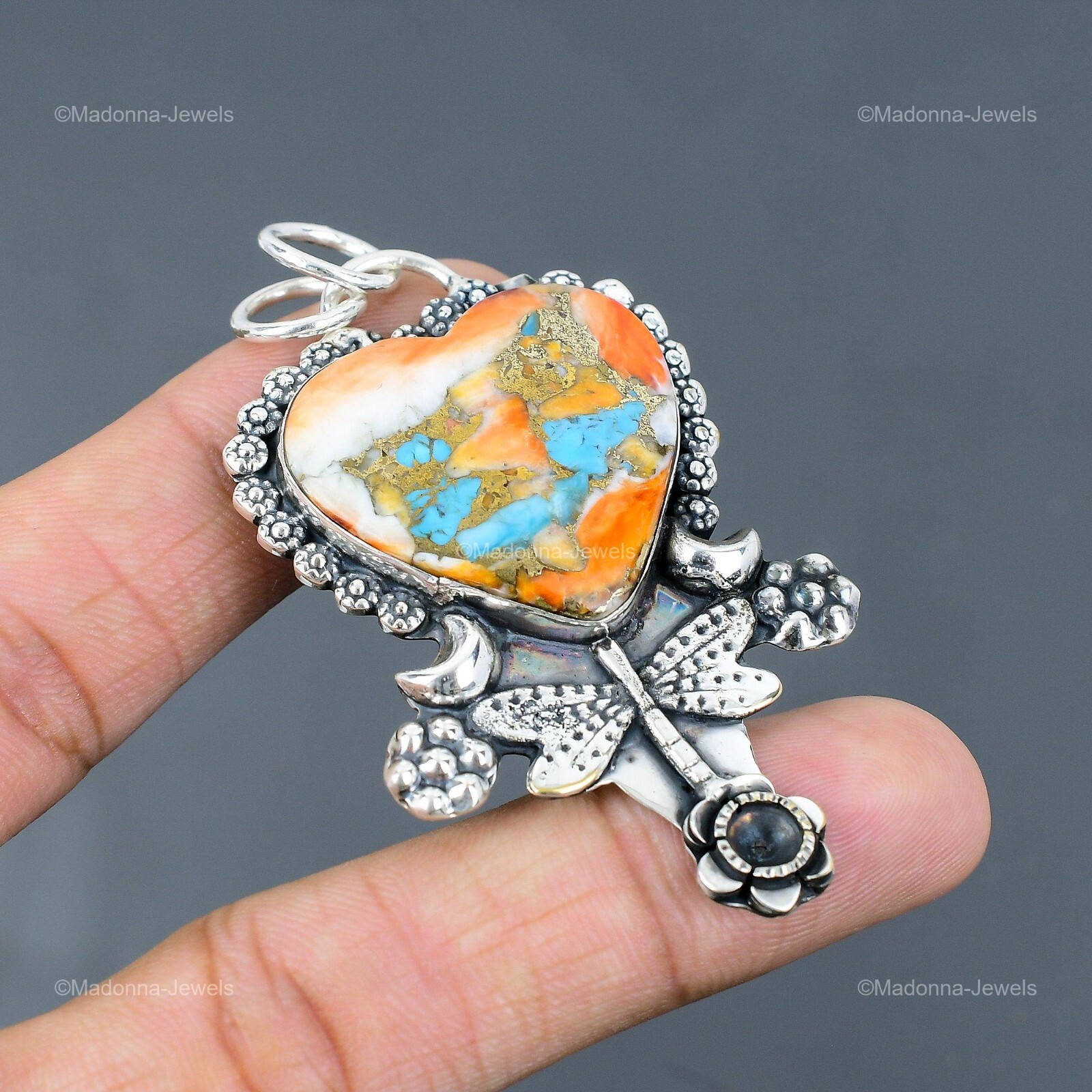 925 Sterling Silver Heart Natural Spiny Oyster Copper Turquoise Pendant Jewelry