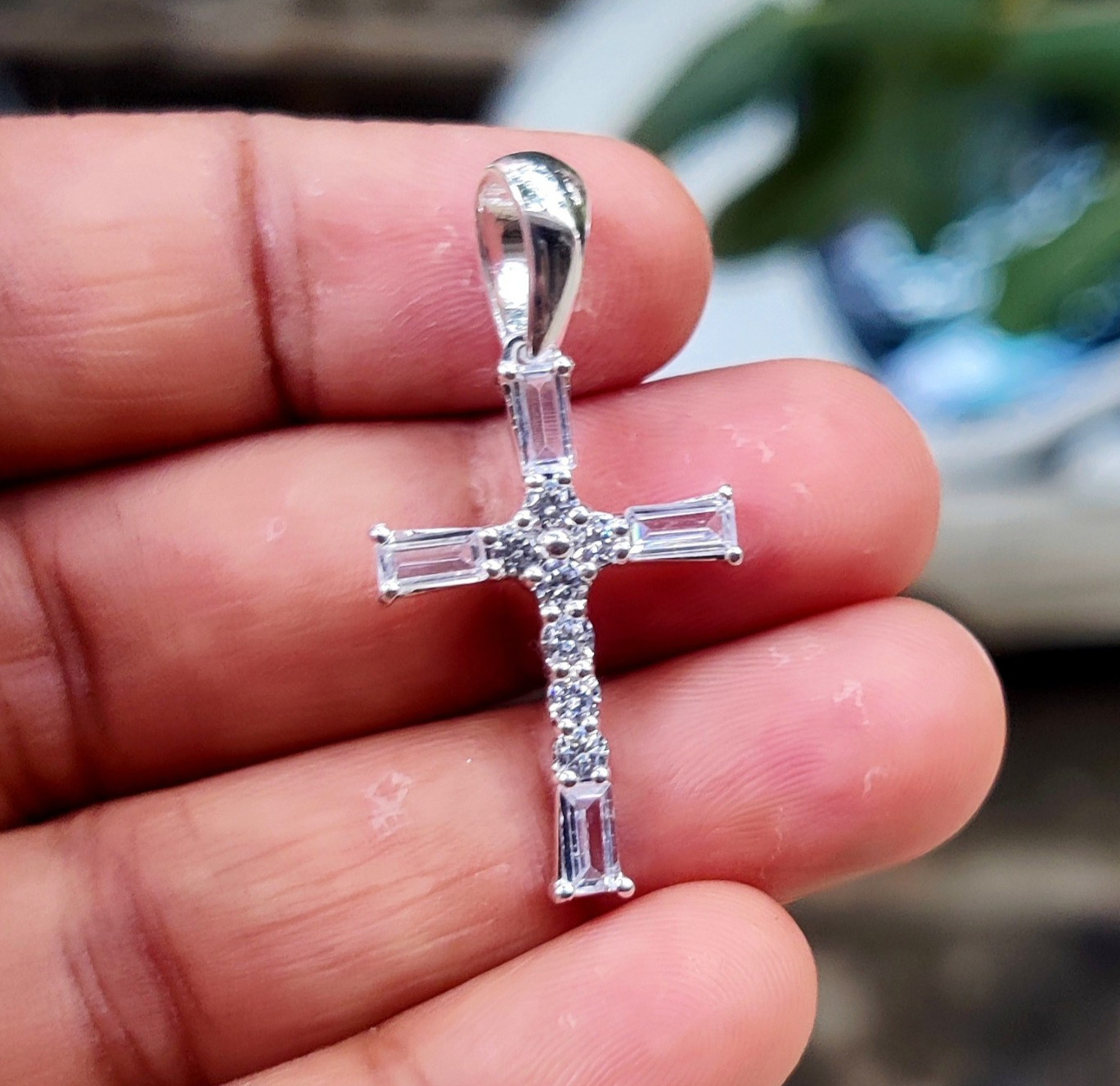 2Ct Bagutte Cut Natural Moissanite Cross Pendant 14K White Gold Plated Silver