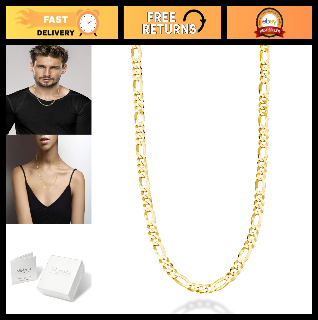 925 Sterling Silver Figaro Link Chain Necklace 5mm for Women & Men, Made in Ital