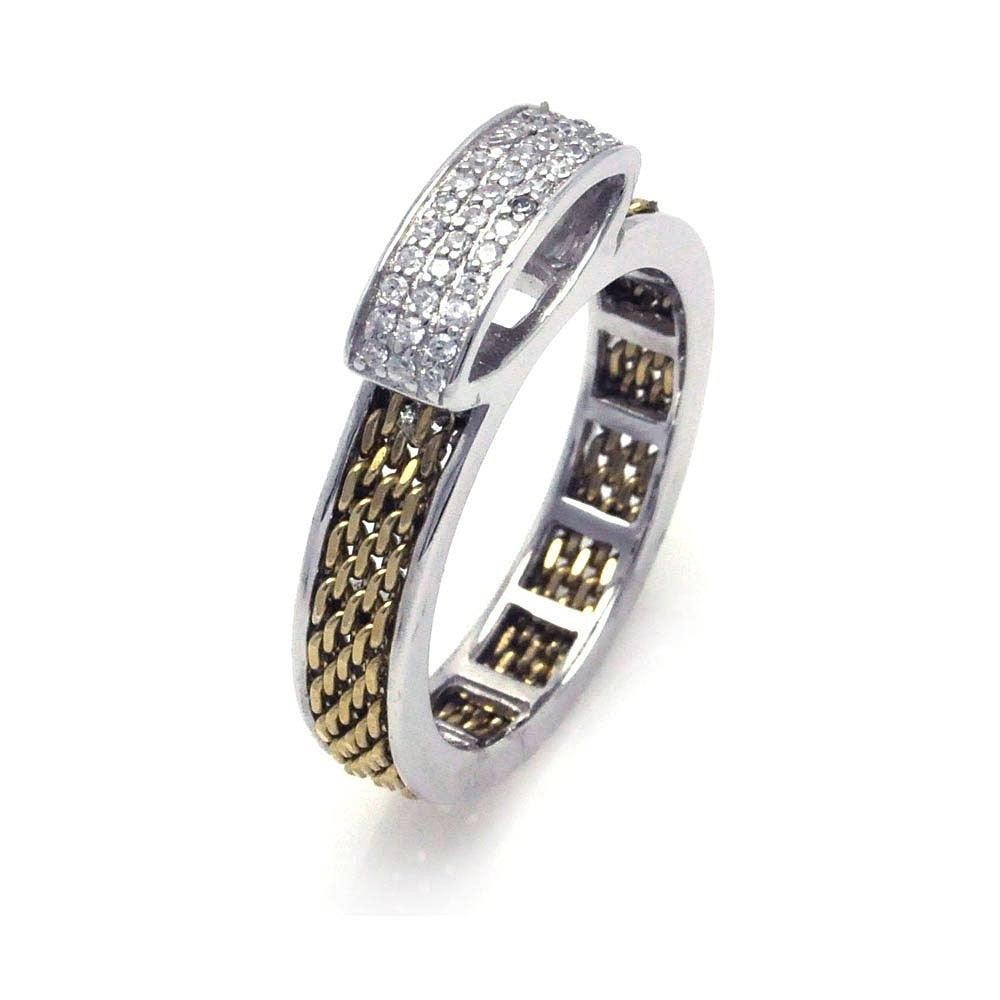 Silver 925 Rhodium and Gold Plated with Braided Finish Clear CZ Chain Ring