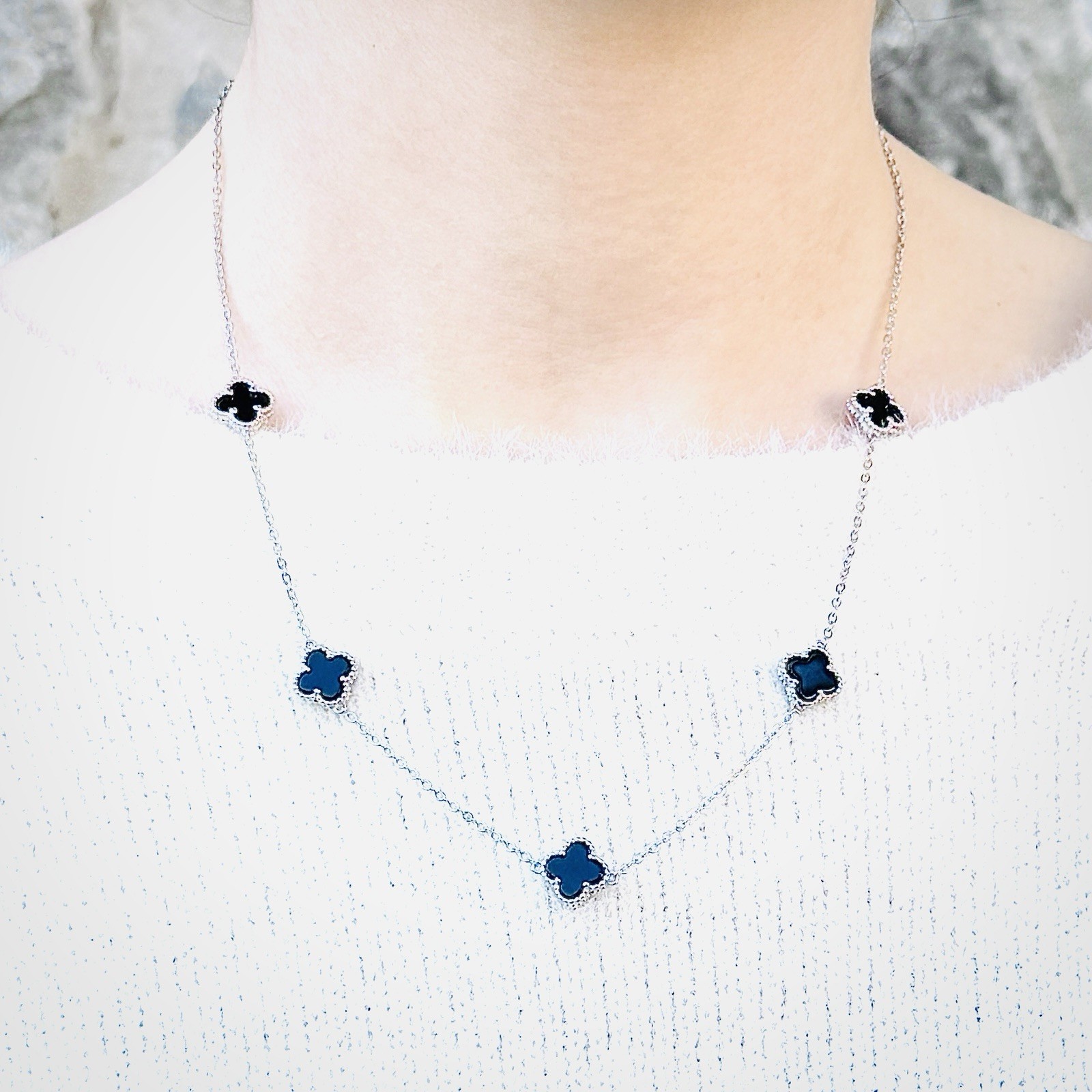 Black Onyx Station Necklace REAL Sterling Silver Minimalist Fine Jewelry
