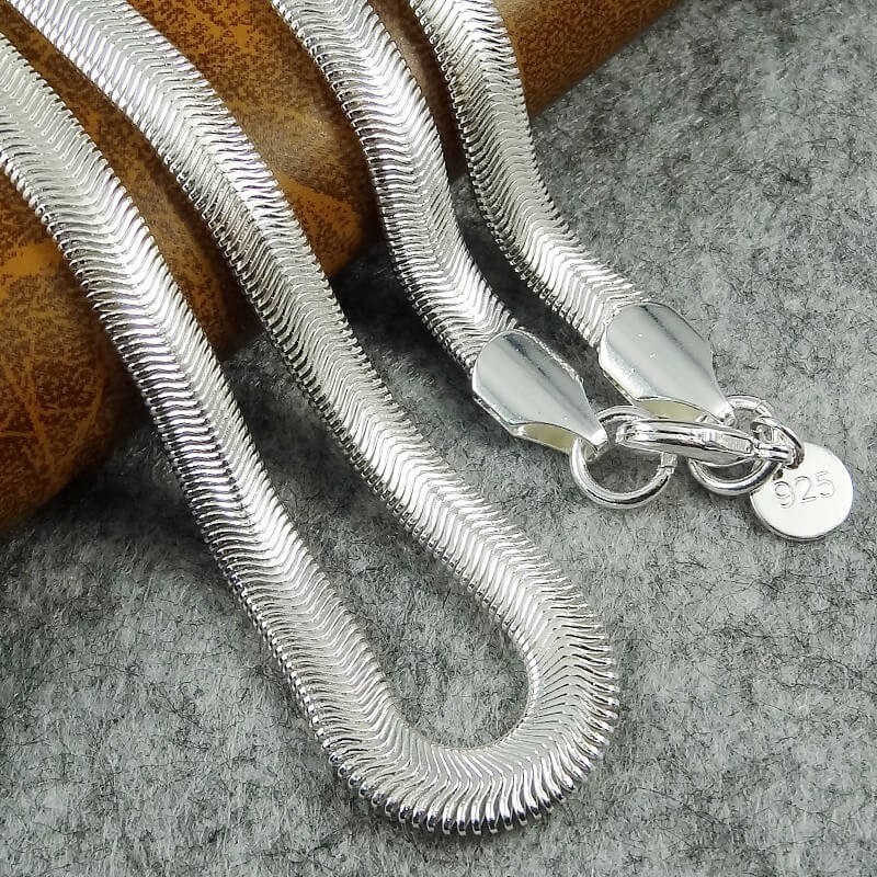 Solid Silver 6mm Wide Flat Link Snake Chain Necklace